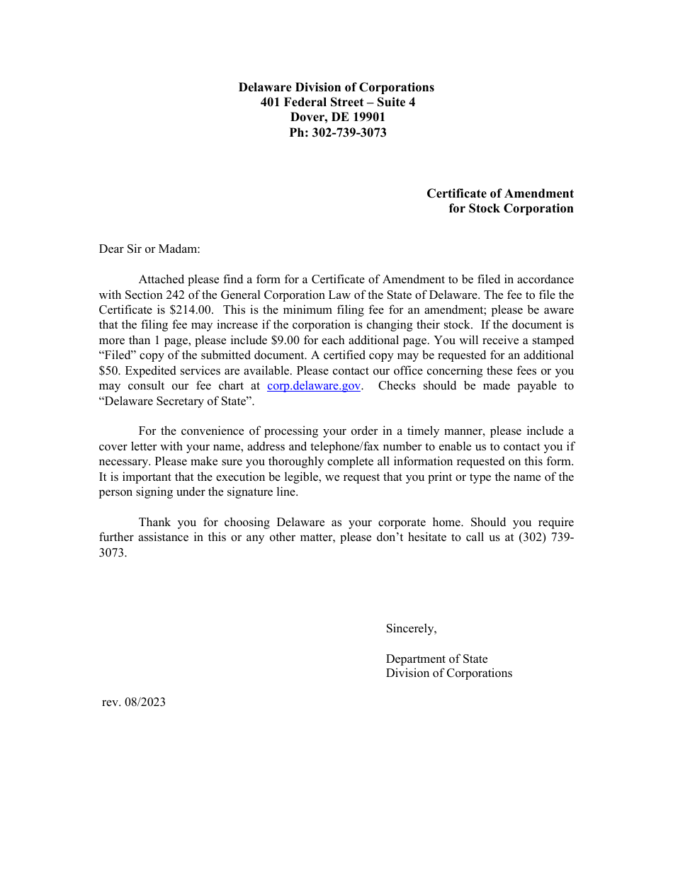 Certificate of Amendment of Certificate of Incorporation - Delaware, Page 1