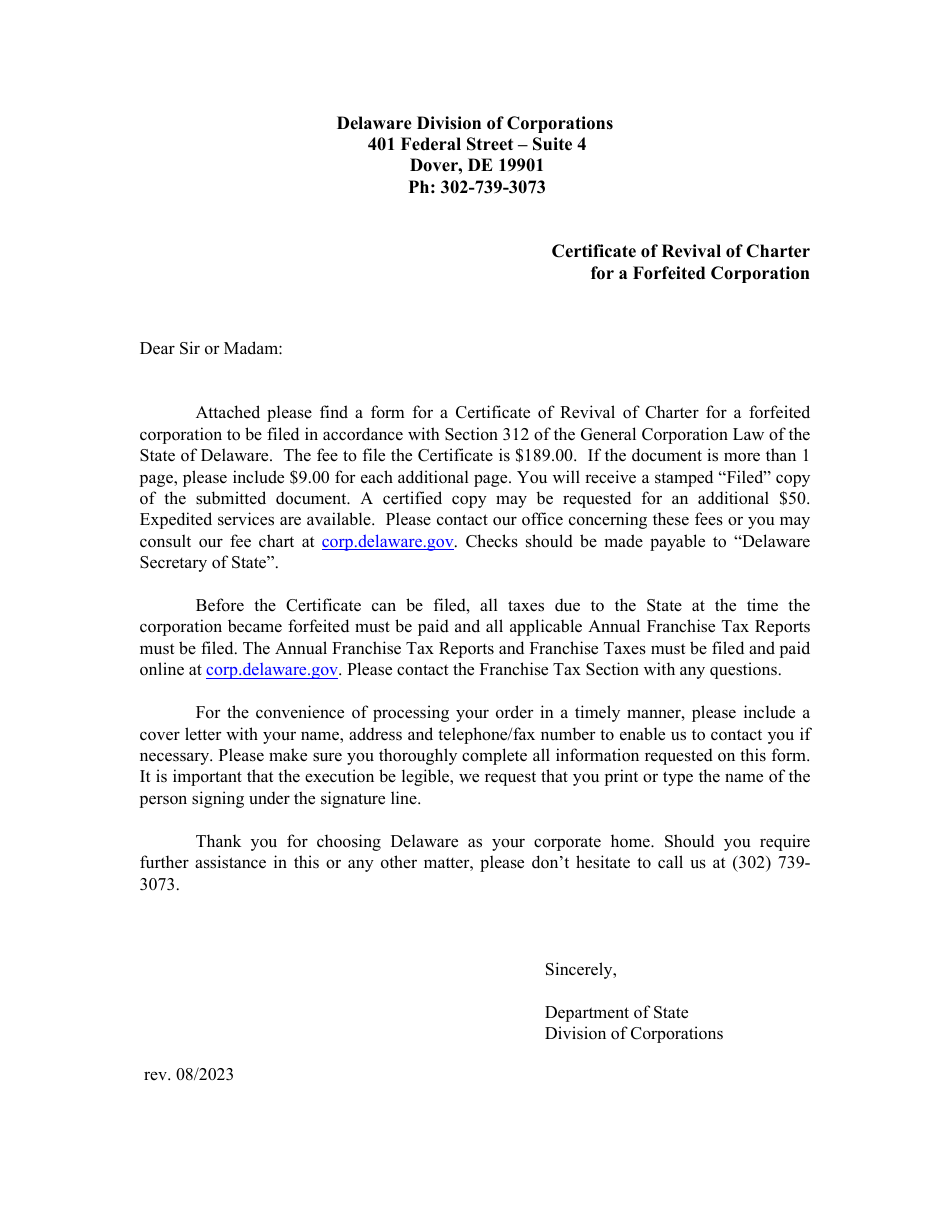Delaware Certificate of Revival of Charter for a Forfeited Corporation