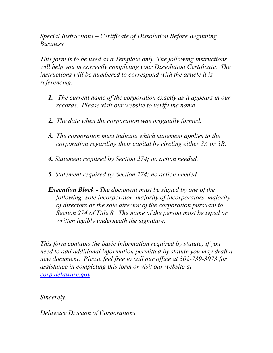 Delaware certificate of dissolution before beginning business section