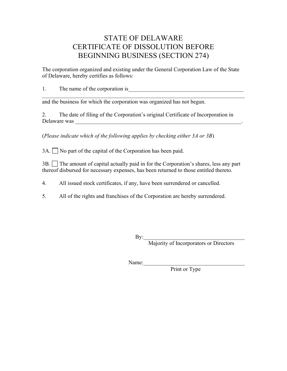 Certificate of Dissolution Before Beginning Business (Section 274) - Delaware, Page 3
