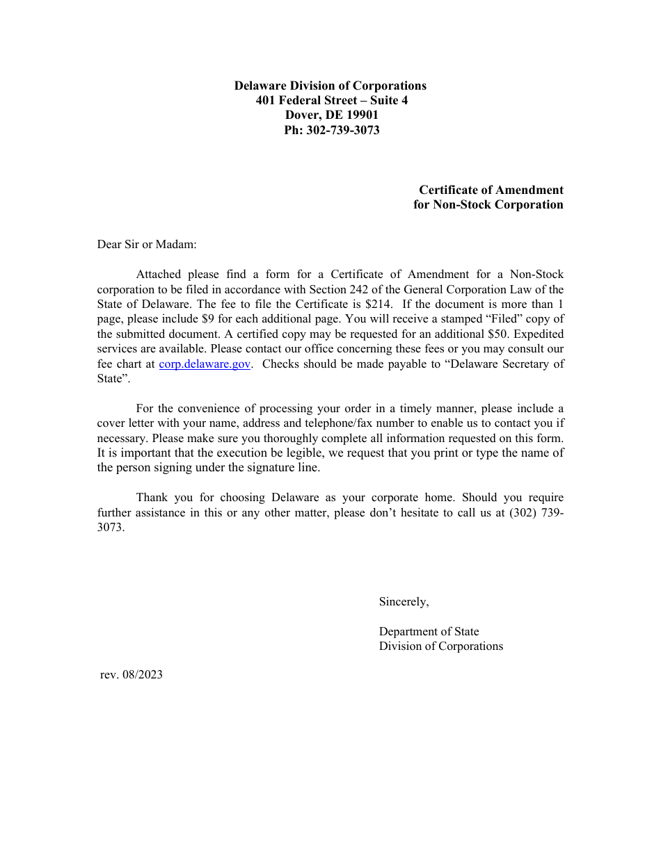 Certificate of Amendment for Non-stock Corporation - Delaware, Page 1