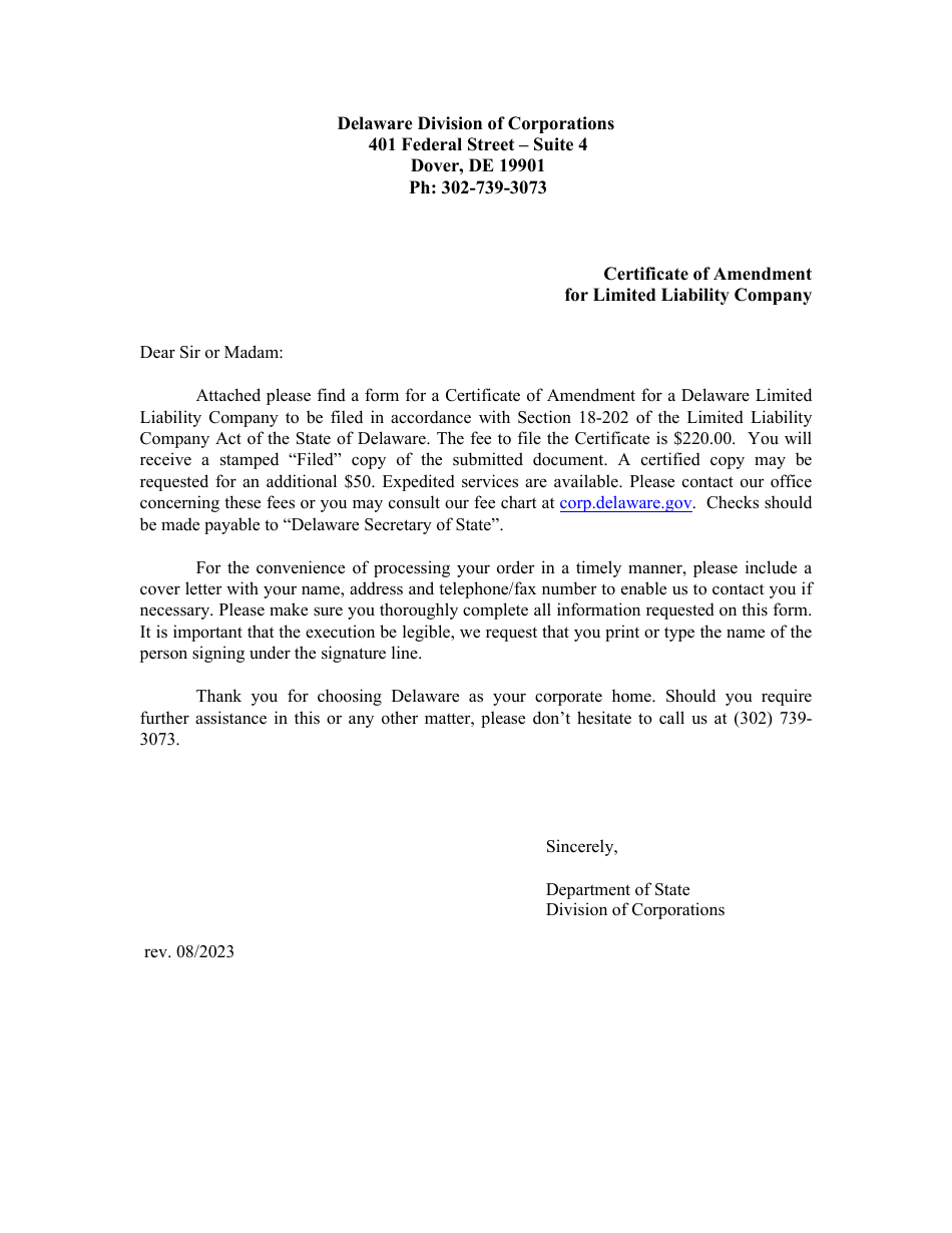 Delaware Certificate of Amendment of Certificate of Formation - Fill ...