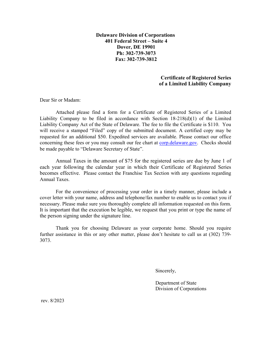 Certificate of Registered Series of Limited Liability Company - Delaware, Page 1