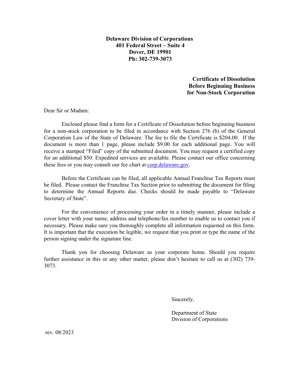 Certificate of Dissolution Before Beginning Business of Non-stock Corporation (Section 276 (B)) - Delaware, Page 1