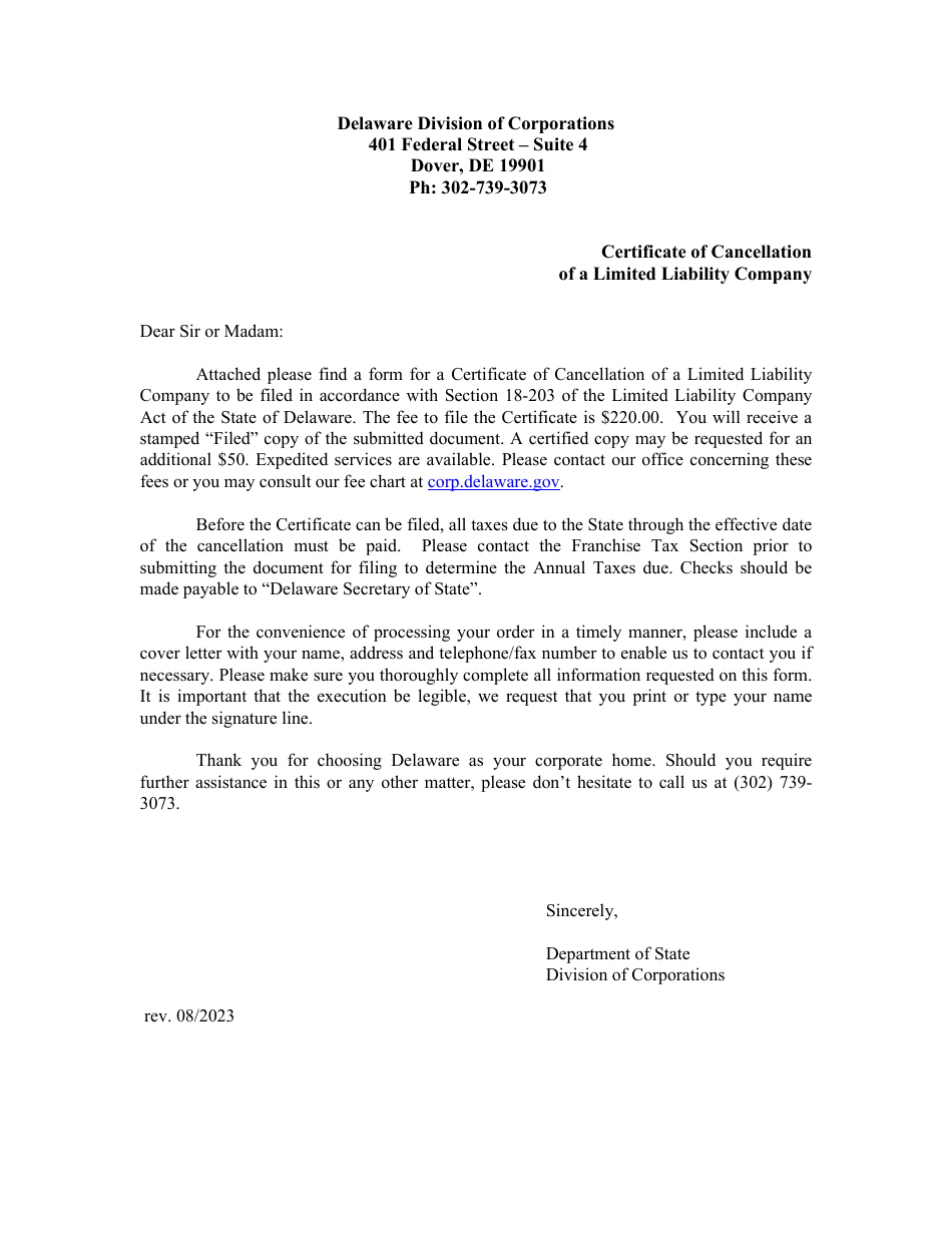Certificate of Cancellation of Limited Liability Company - Delaware, Page 1