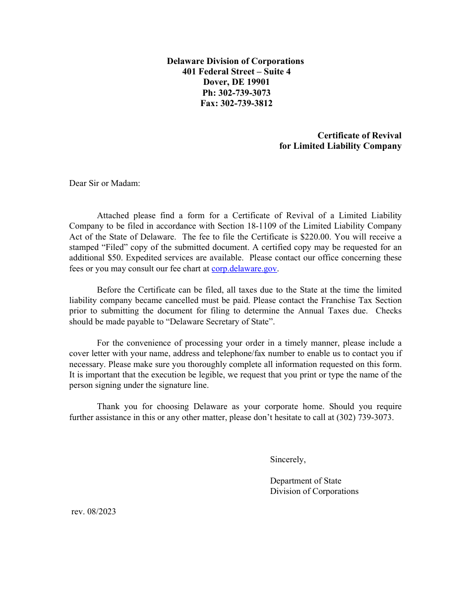 Certificate of Revival of Limited Liability Company - Delaware, Page 1