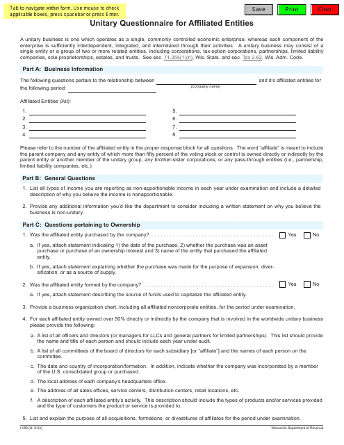 Form I-099 Unitary Questionnaire for Affiliated Entities - Wisconsin