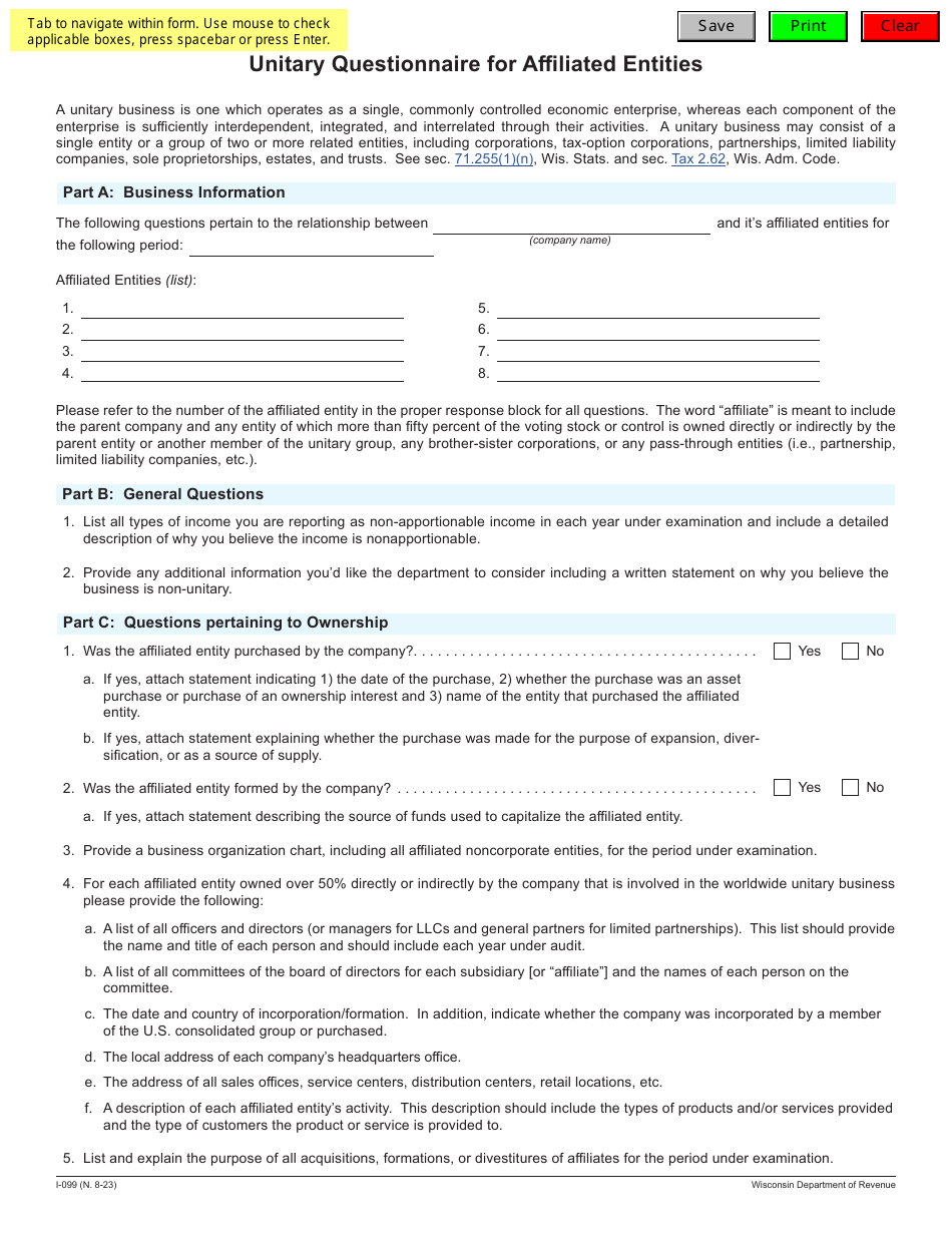 Form I-099 Unitary Questionnaire for Affiliated Entities - Wisconsin, Page 1