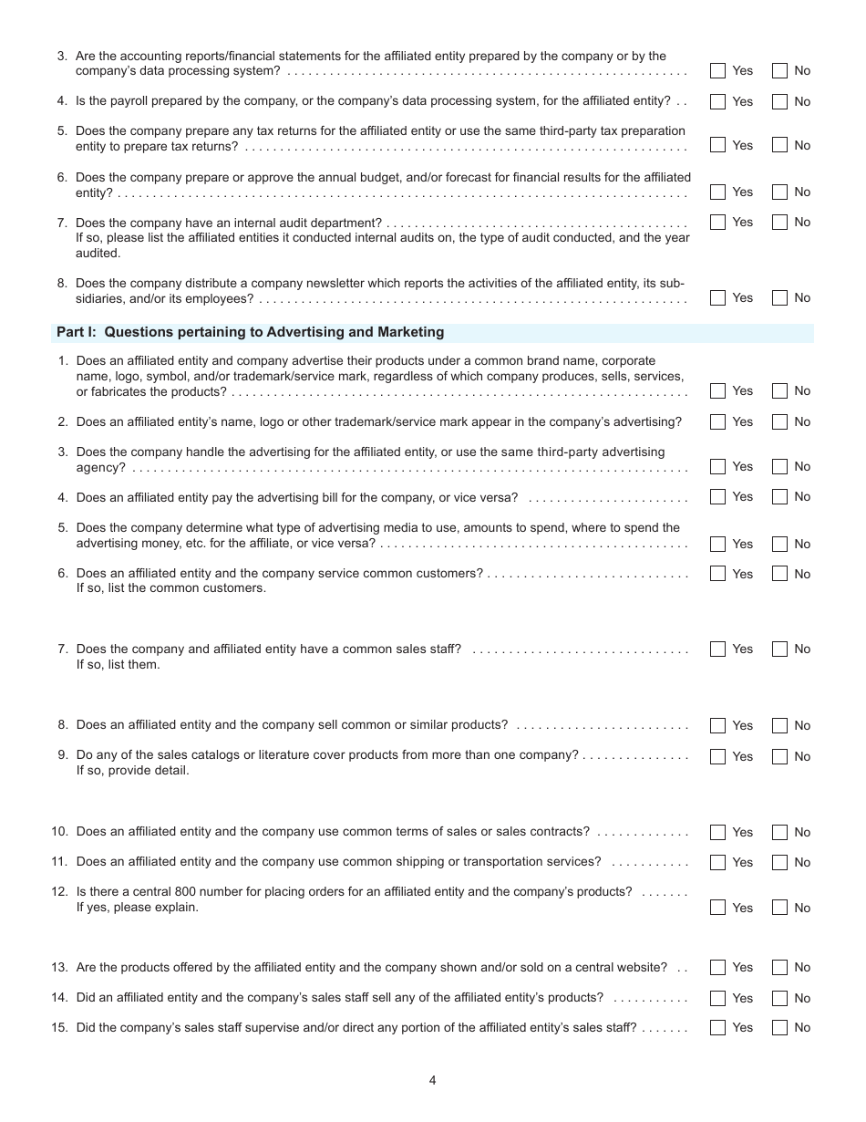 Form I-099 Unitary Questionnaire for Affiliated Entities - Wisconsin, Page 4
