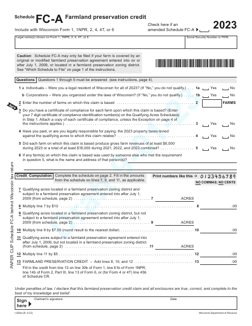 Form I-025AI Schedule FC-A Farmland Preservation Credit - Draft - Wisconsin, 2023