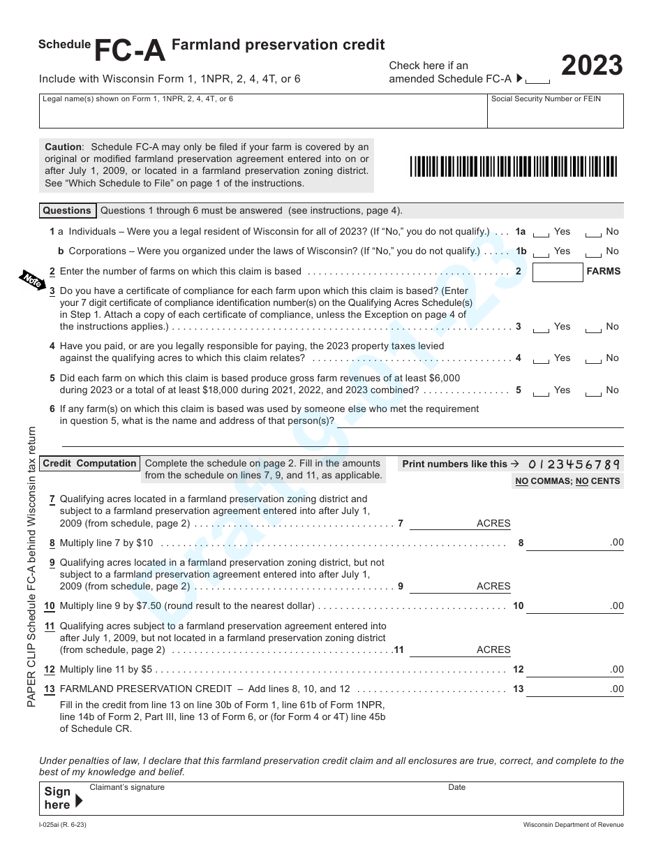 Form I-025AI Schedule FC-A Farmland Preservation Credit - Draft - Wisconsin, Page 1