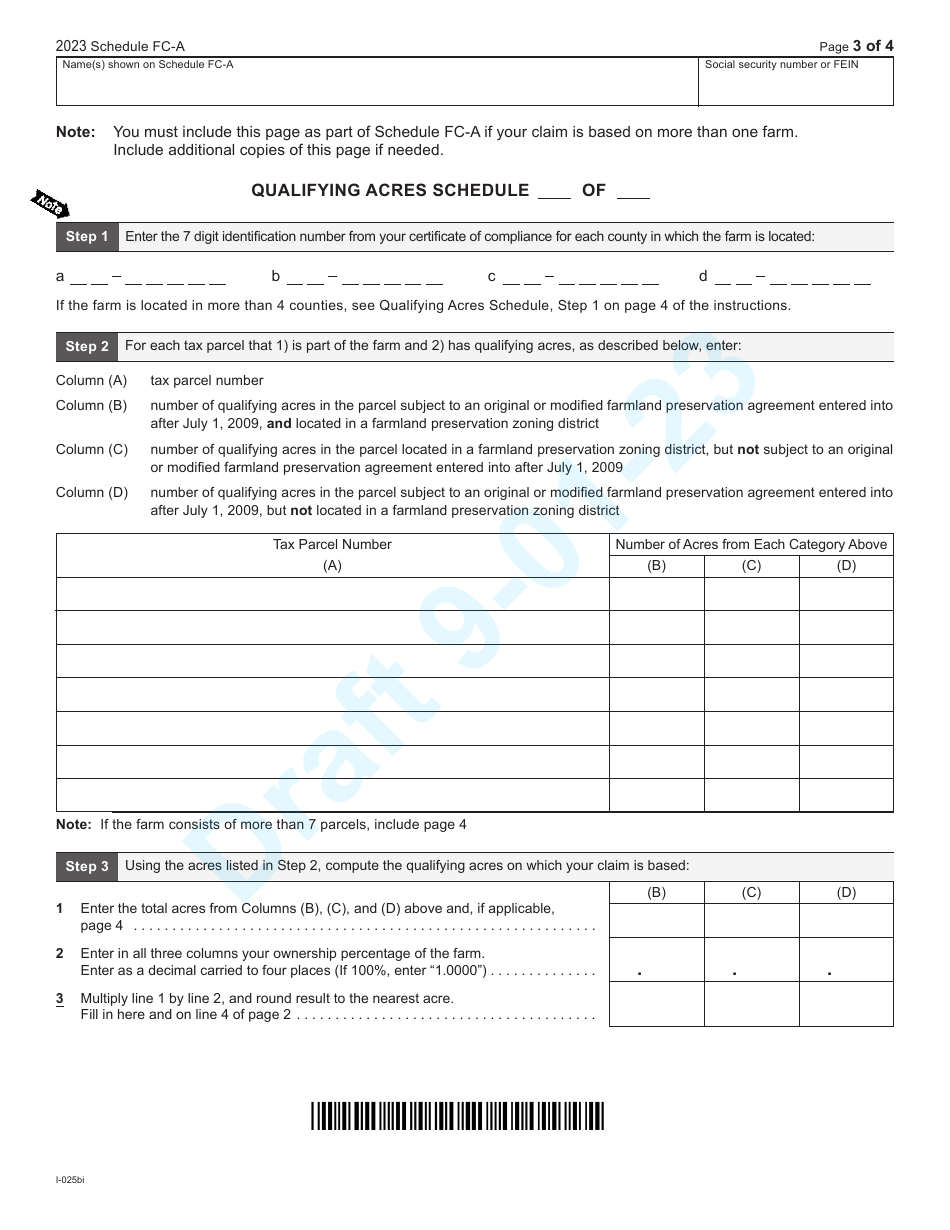 Form I-025AI Schedule FC-A Farmland Preservation Credit - Draft - Wisconsin, Page 3