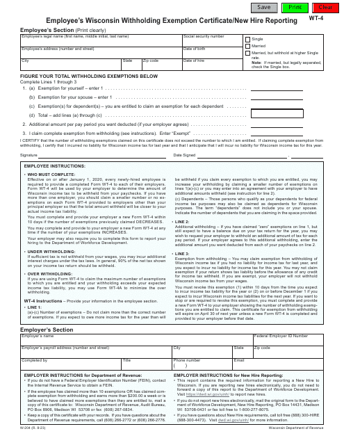 Form WT-4 (W-204) Employee's Wisconsin Withholding Exemption Certificate/New Hire Reporting - Wisconsin