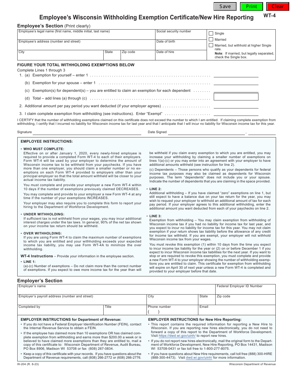 Form WT-4 (W-204) Employees Wisconsin Withholding Exemption Certificate / New Hire Reporting - Wisconsin, Page 1