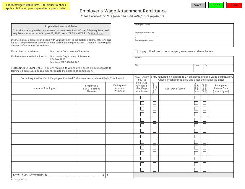 Form W-118A Employer's Wage Attachment Remittance - Wisconsin, 2023
