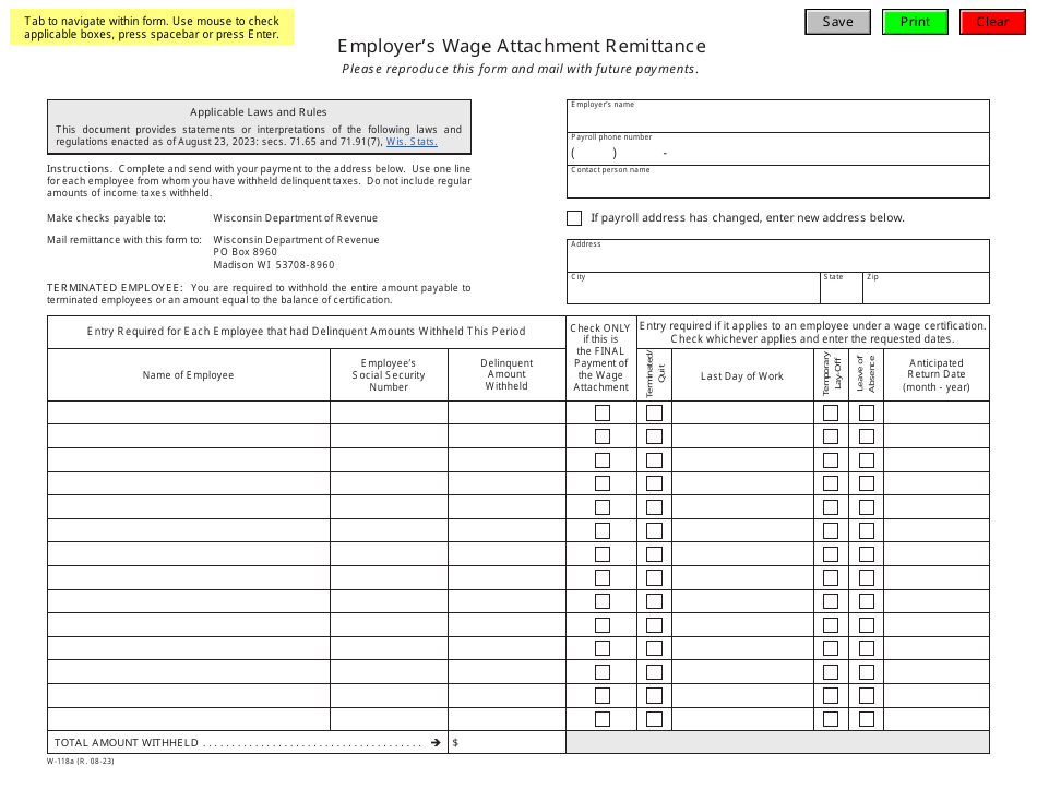 Form W-118A Employers Wage Attachment Remittance - Wisconsin, Page 1