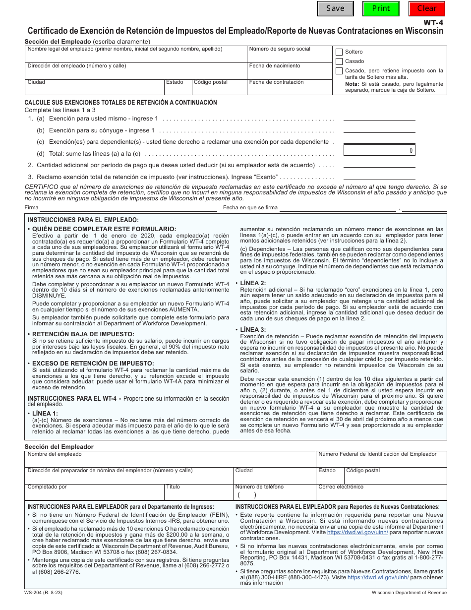 Formulario WT-4 (WS-204) Certificado De Exencion De Retencion De Impuestos Del Empleado / Reporte De Nuevas Contrataciones En Wisconsin - Wisconsin (Spanish), Page 1