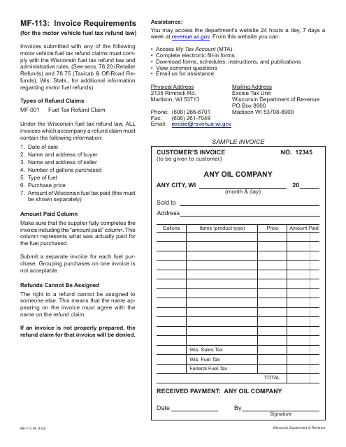 Form MF-113 Invoice Requirements - Wisconsin