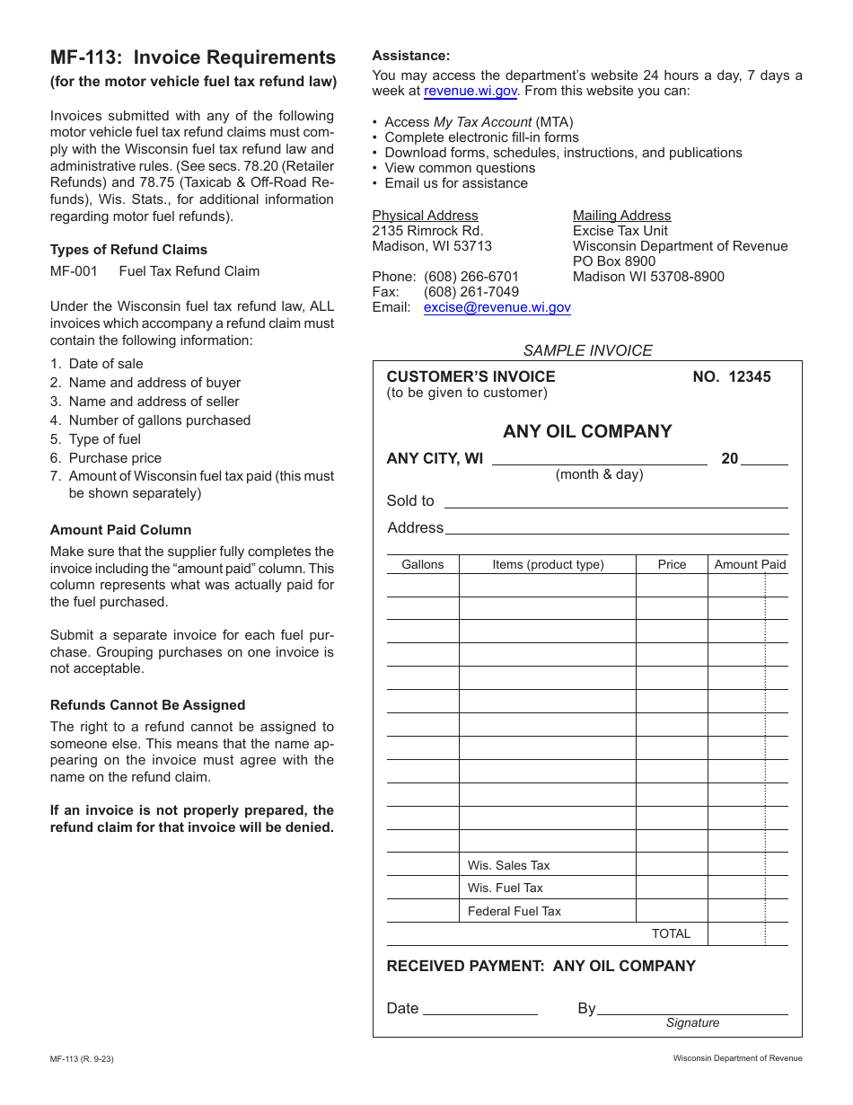 Form MF-113 Invoice Requirements - Wisconsin, Page 1