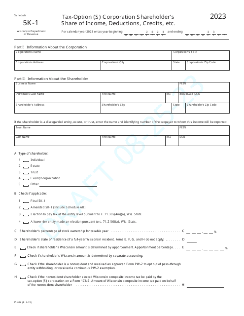 Form IC-056 Schedule 5K-1 Tax-Option (S) Corporation Shareholder's Share of Income, Deductions, Credits, Etc. - Draft - Wisconsin, 2023