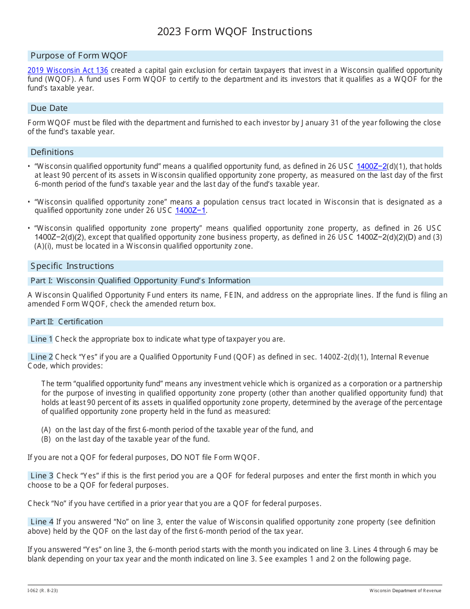 Instructions for Form WQOF, I-062 Wisconsin Qualified Opportunity Fund Certificate - Wisconsin, Page 1