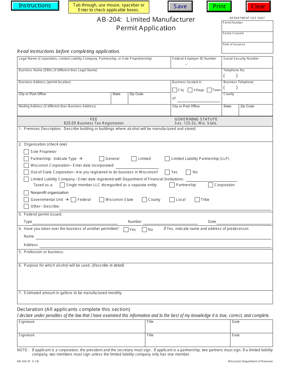 Form AB-204 Limited Manufacturer Permit Application - Wisconsin, Page 1