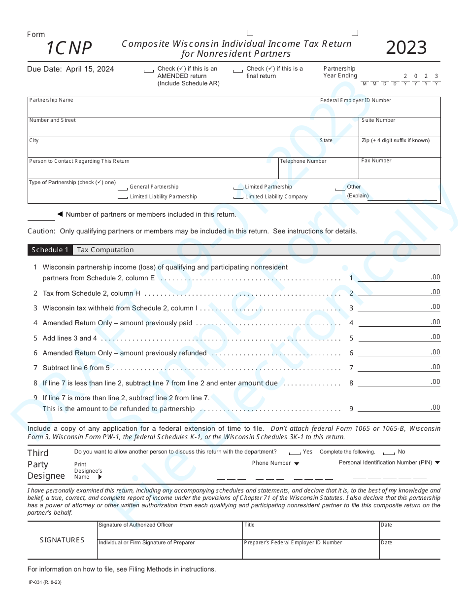 Form 1CNP (IP-031) Composite Wisconsin Individual Income Tax Return for Nonresident Partners - Draft - Wisconsin, Page 1