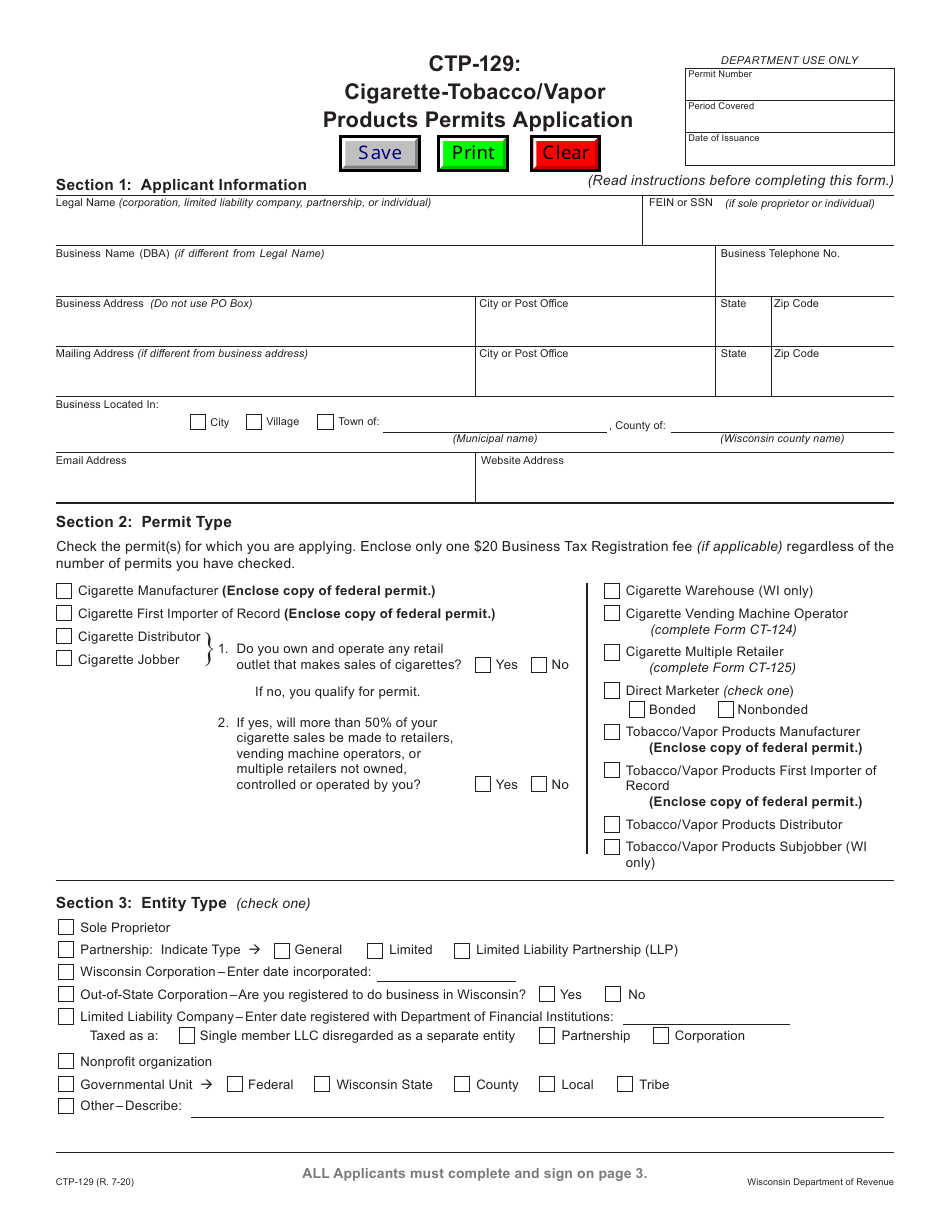 Form CTP-129 Cigarette-Tobacco / Vapor Products Permits Application - Wisconsin, Page 1