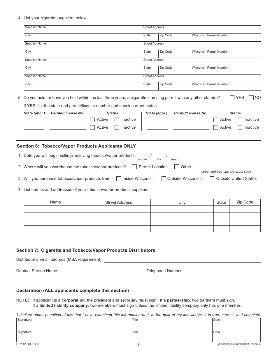 Form CTP-129 Cigarette-Tobacco / Vapor Products Permits Application - Wisconsin, Page 3