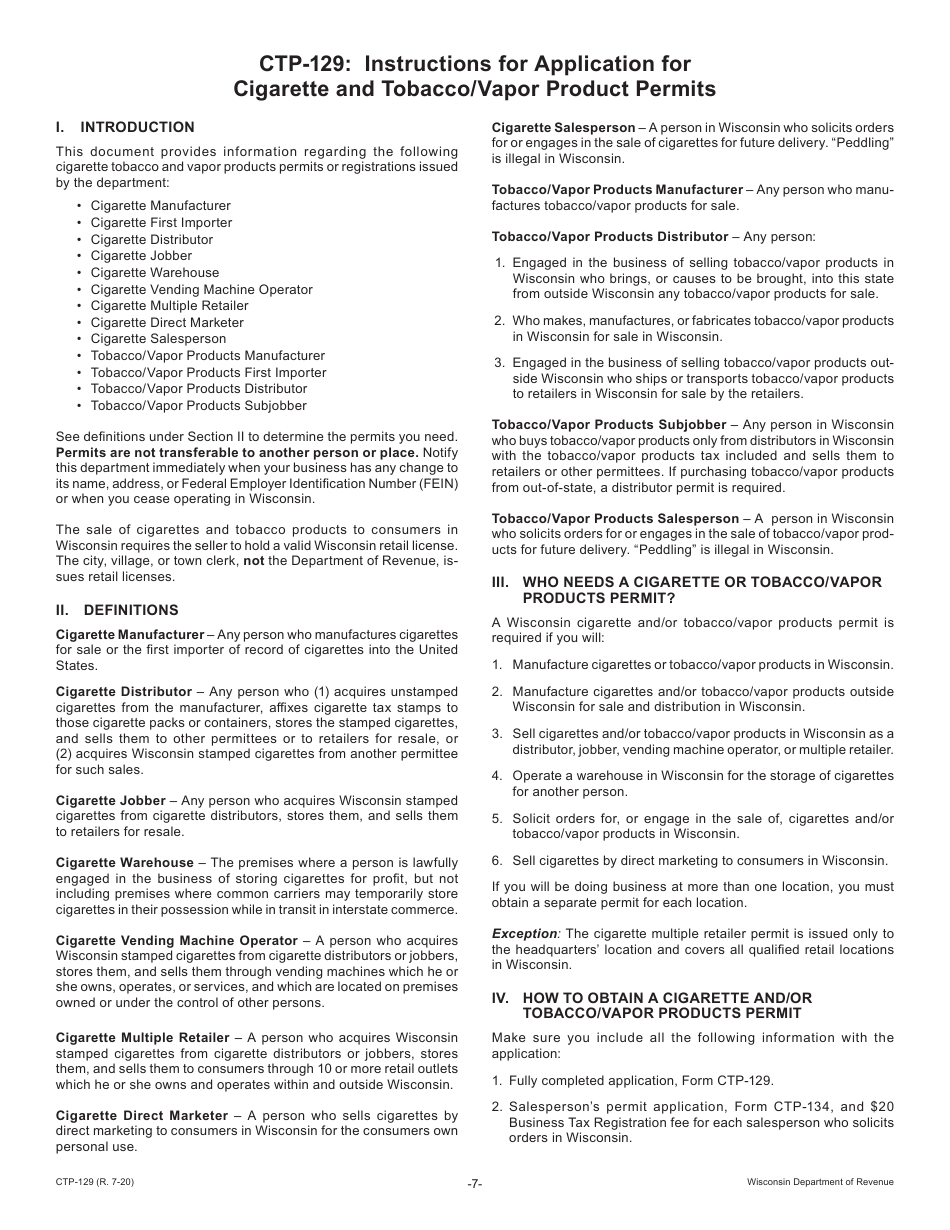 Form CTP-129 Cigarette-Tobacco / Vapor Products Permits Application - Wisconsin, Page 7