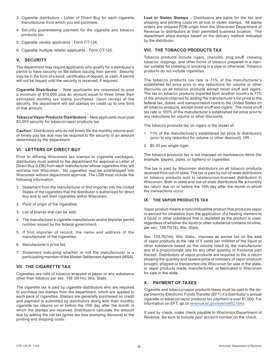 Form CTP-129 Cigarette-Tobacco / Vapor Products Permits Application - Wisconsin, Page 8
