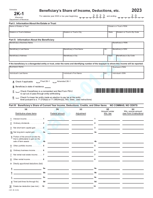 Form I-021 Schedule 2K-1 Beneficiary's Share of Income, Deductions, Etc. - Draft - Wisconsin, 2023
