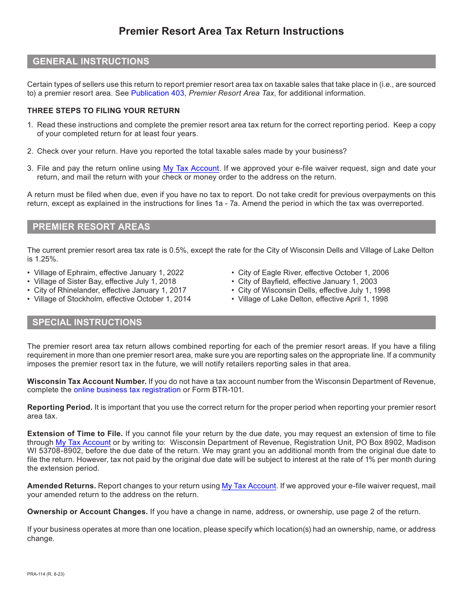 Instructions for Form PRA-012 Premier Resort Area Tax Return - Wisconsin, Page 1