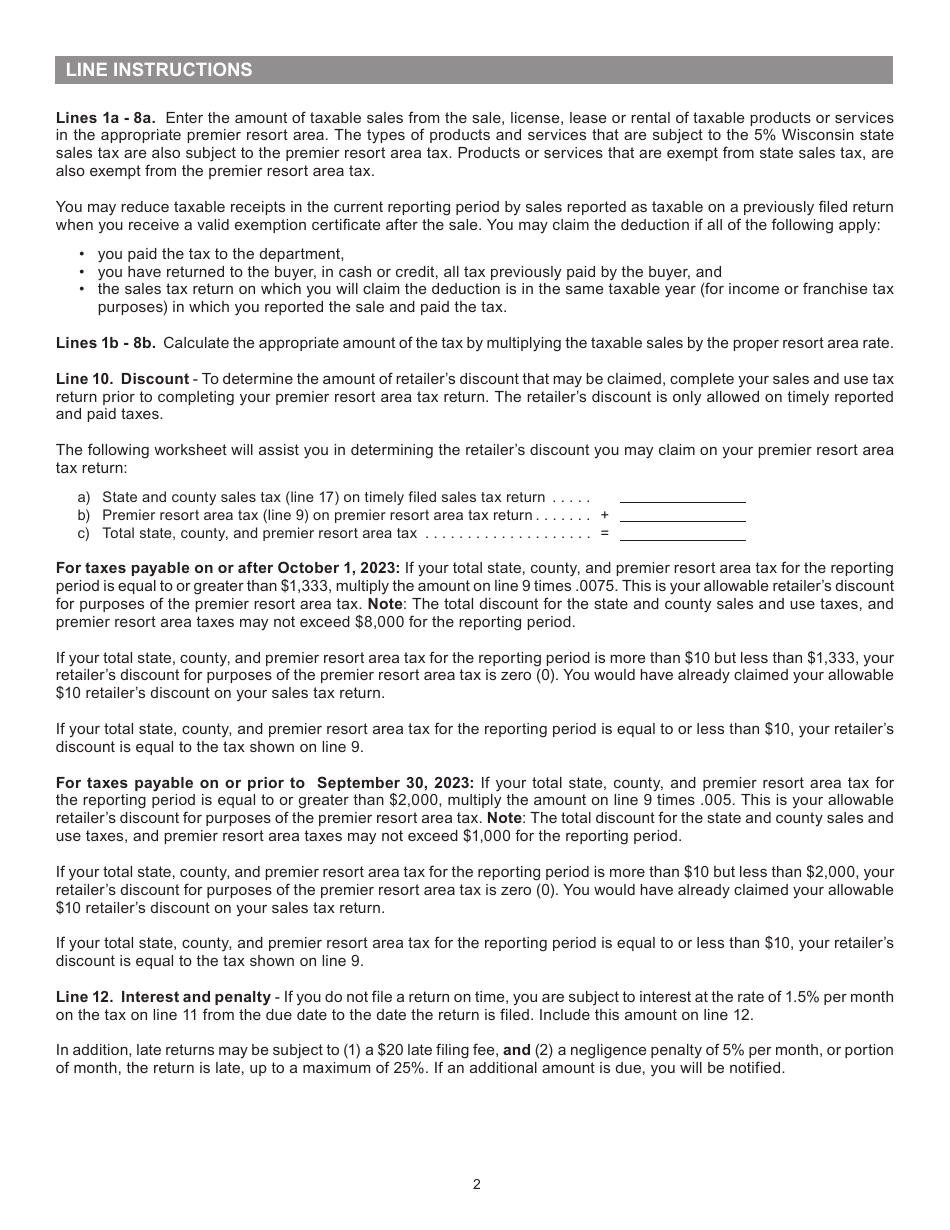 Instructions for Form PRA-012 Premier Resort Area Tax Return - Wisconsin, Page 2