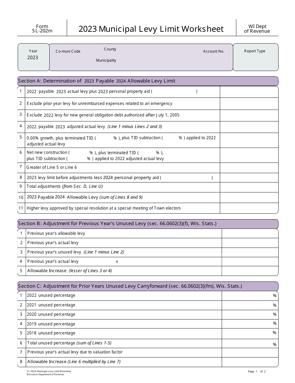 Form SL-202M Municipal Levy Limit Worksheet - Wisconsin, Page 1