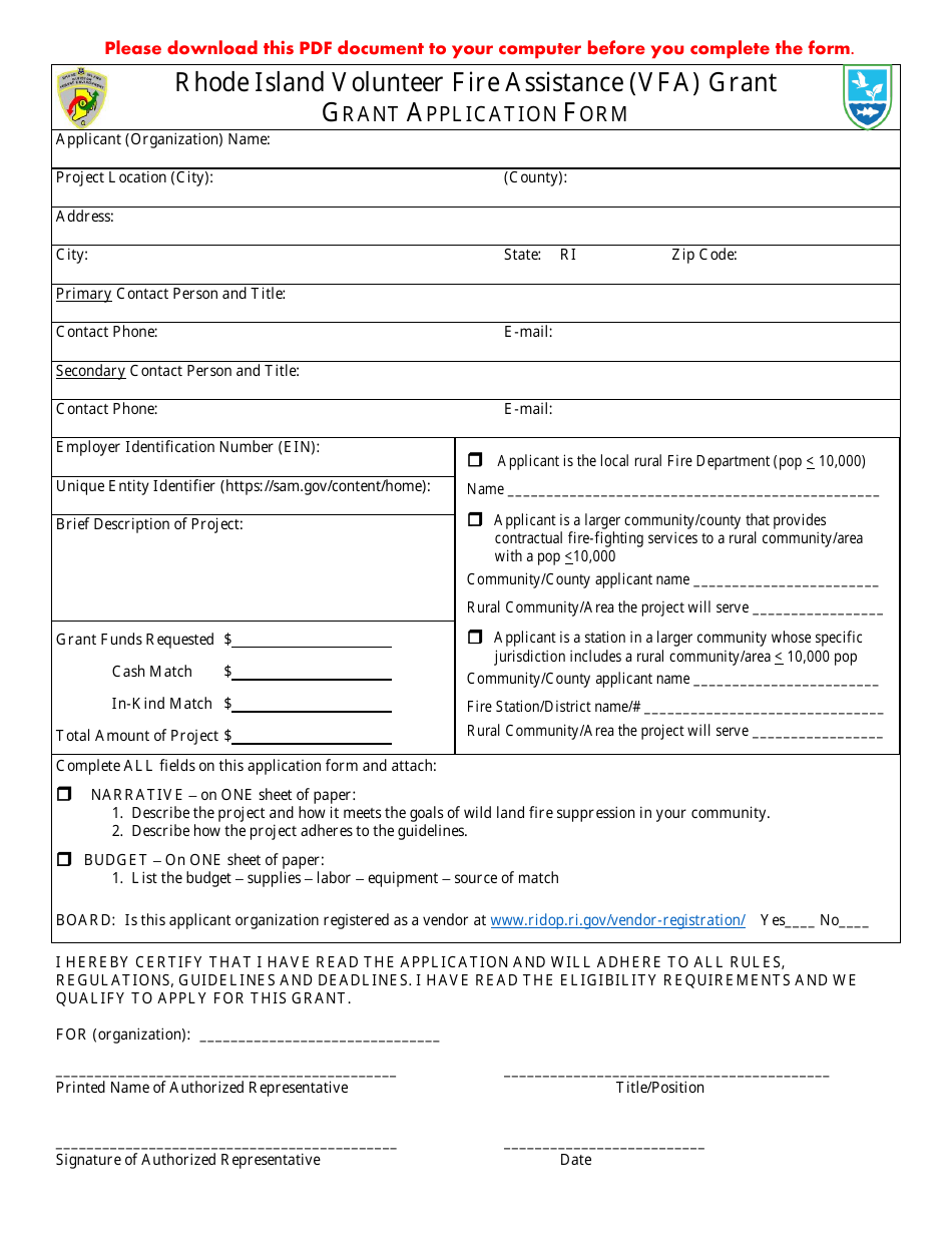 Rhode Island Volunteer Fire Assistance (Vfa) Grant Application Form - Rhode Island, Page 1
