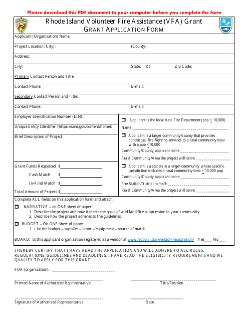 Rhode Island Volunteer Fire Assistance (Vfa) Grant Application Form - Rhode Island Download Pdf