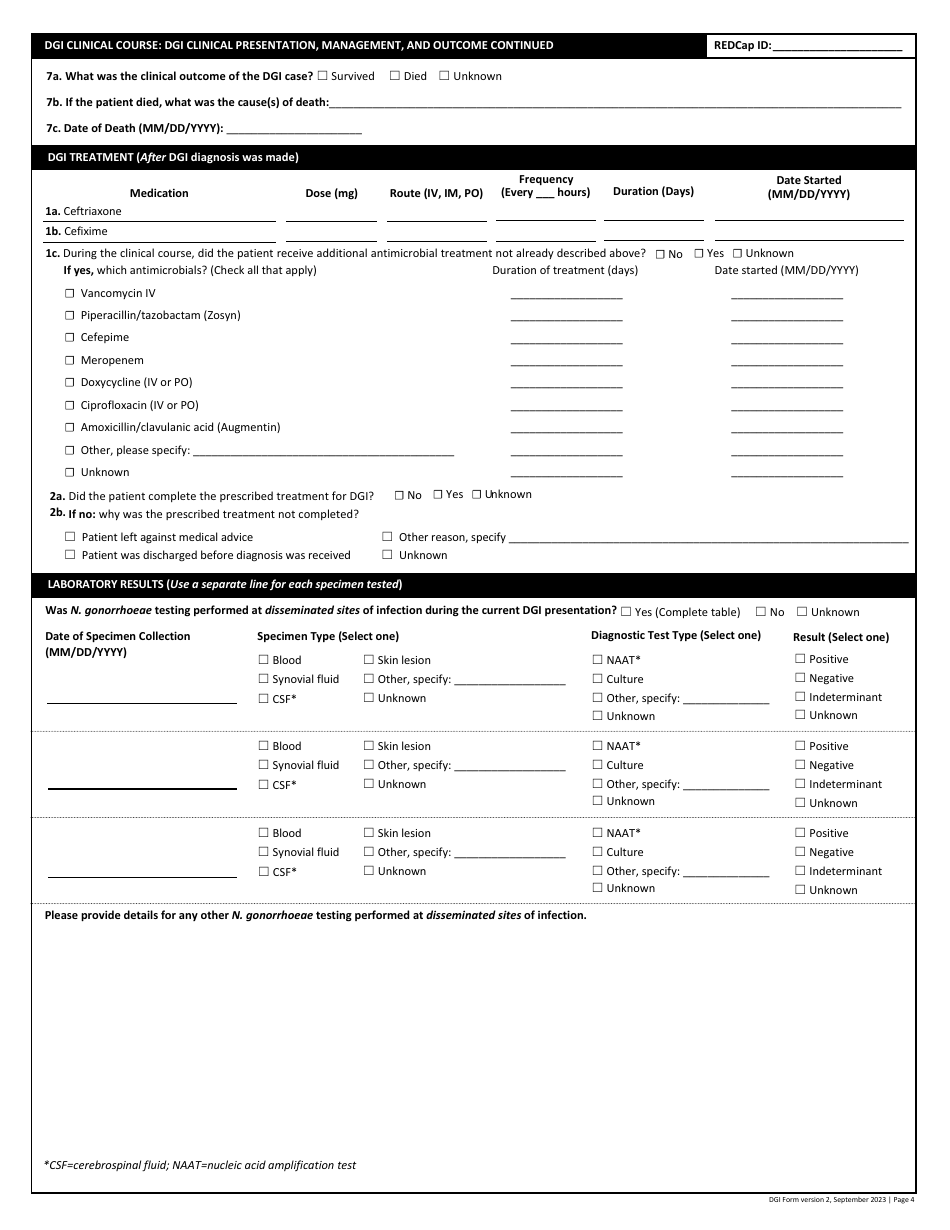 Disseminated Gonococcal Infection Case Report Form, Page 4