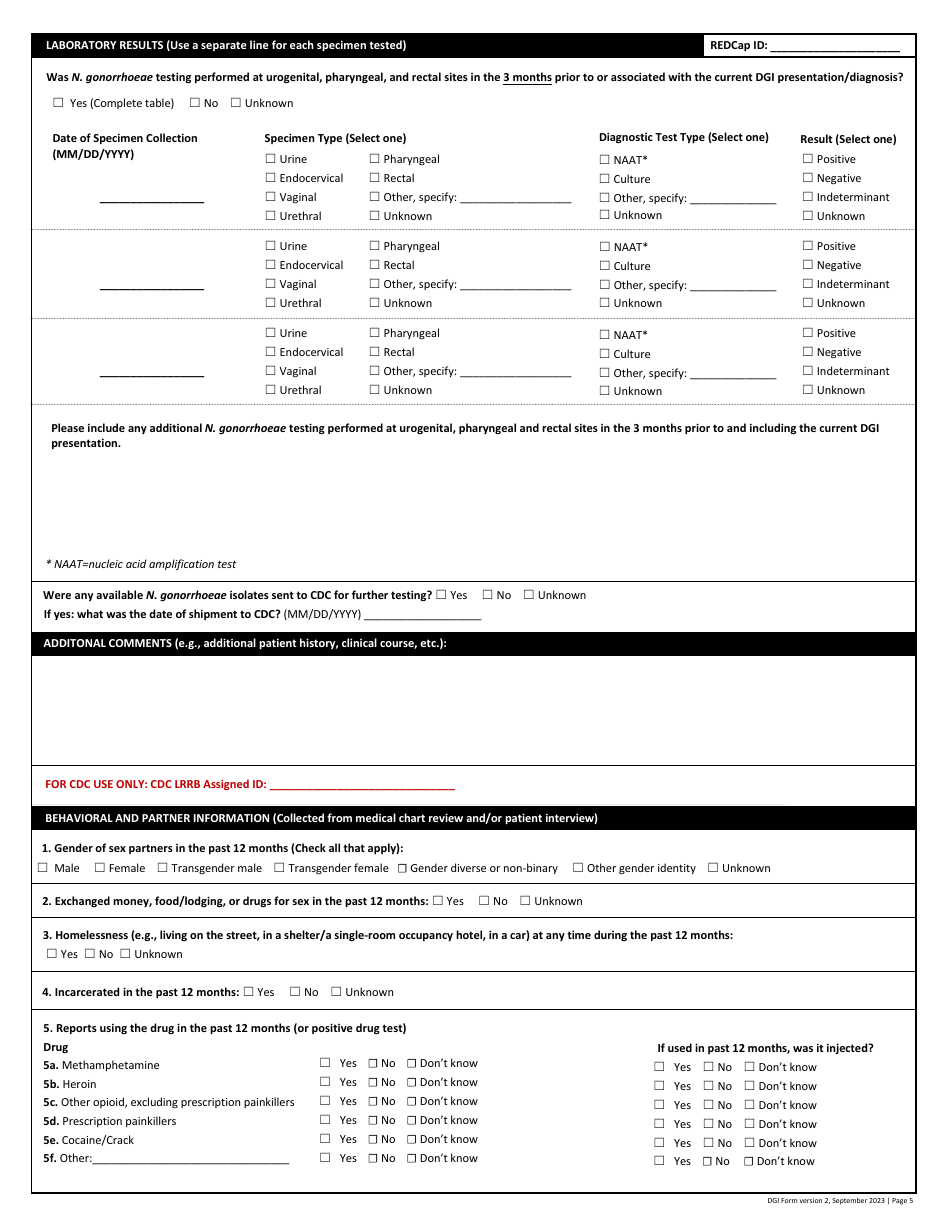 Disseminated Gonococcal Infection Case Report Form, Page 5