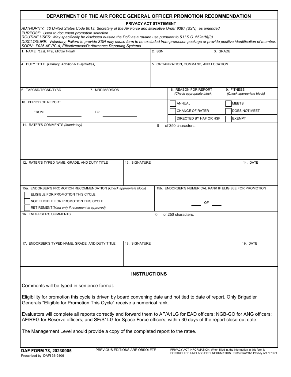 DAF Form 78 Department of the Air Force General Officer Promotion Recommendation, Page 1