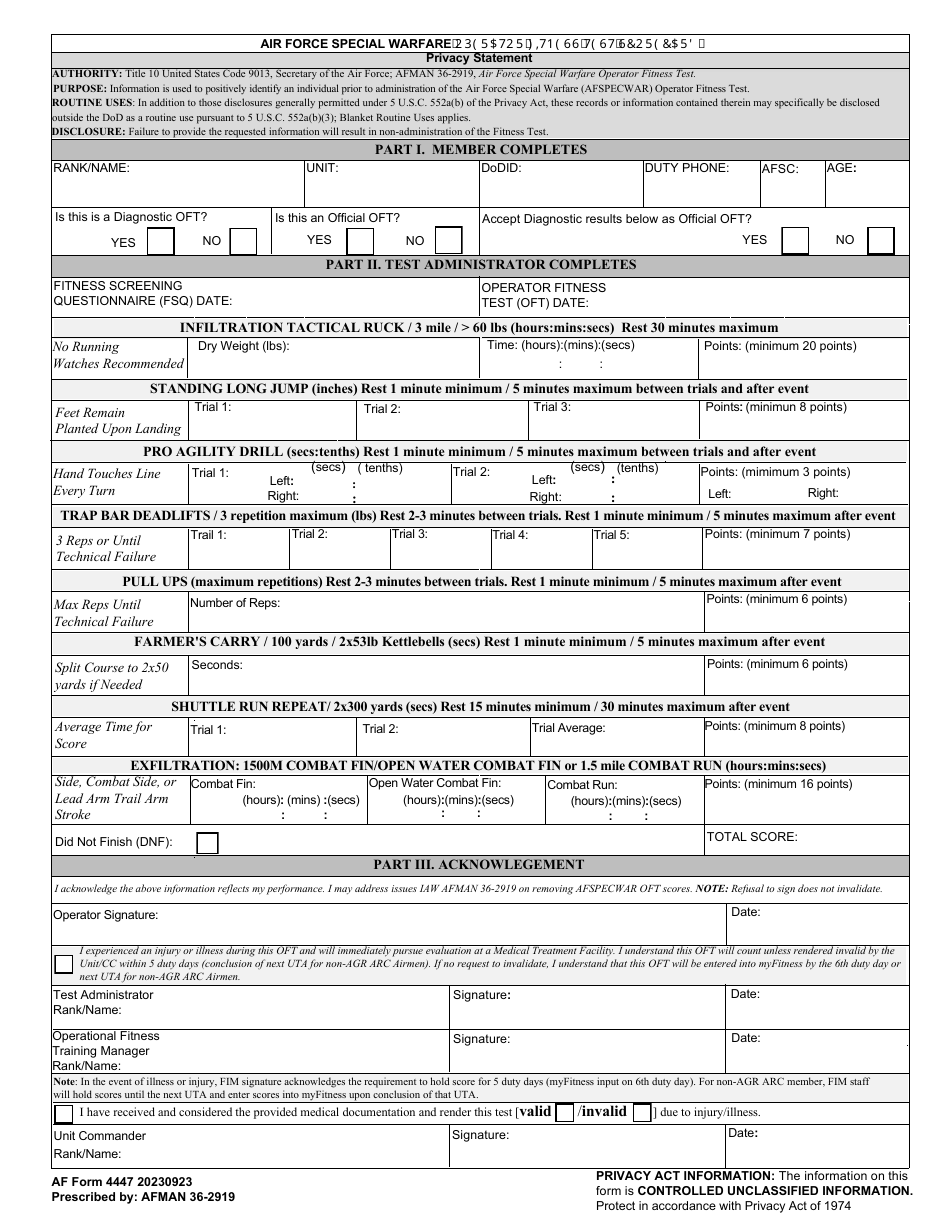 AF Form 4447 Air Force Special Warfare Operator Fitness Test Scorecard, Page 1