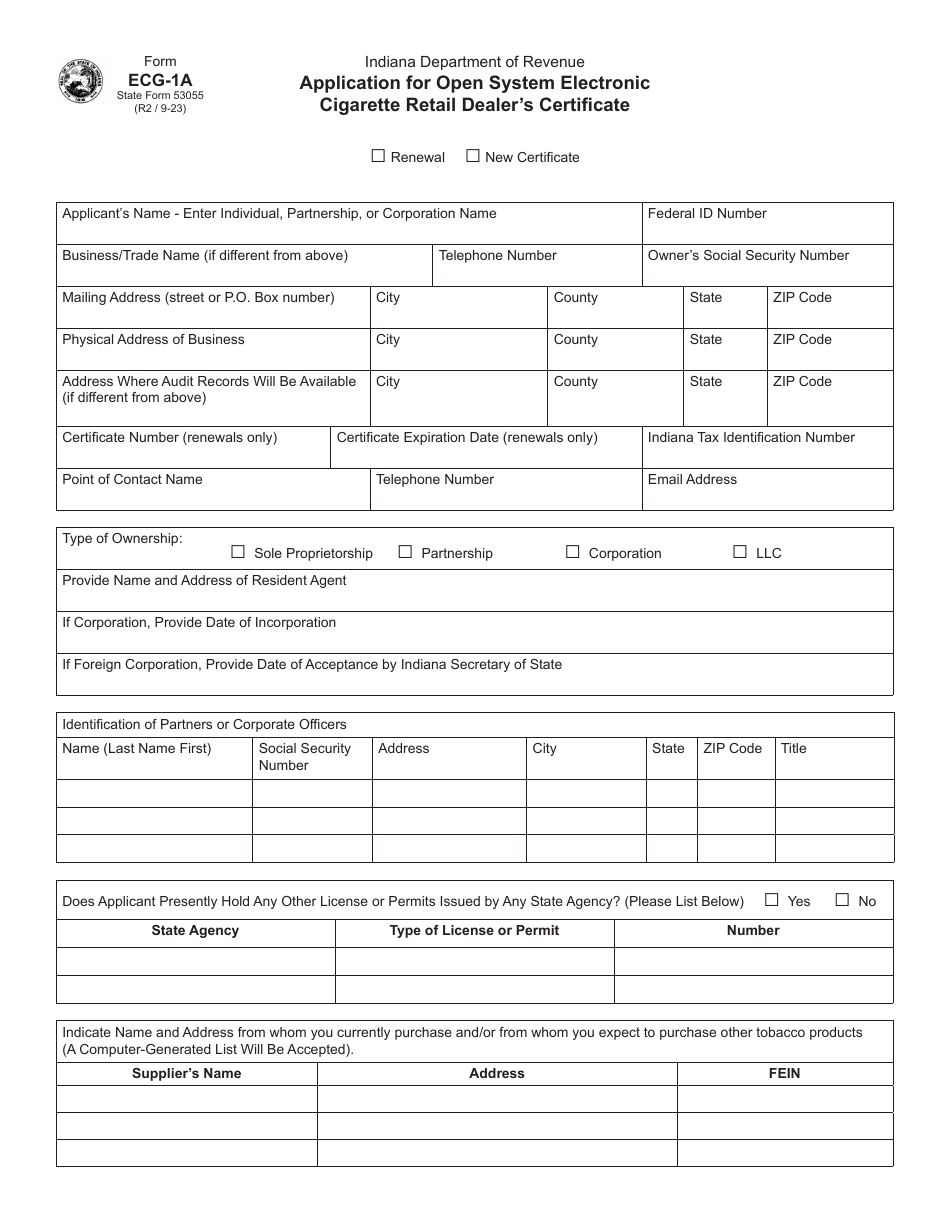 Form ECG-1A (State Form 53055) Application for Open System Electronic Cigarette Retail Dealers Certificate - Indiana, Page 1