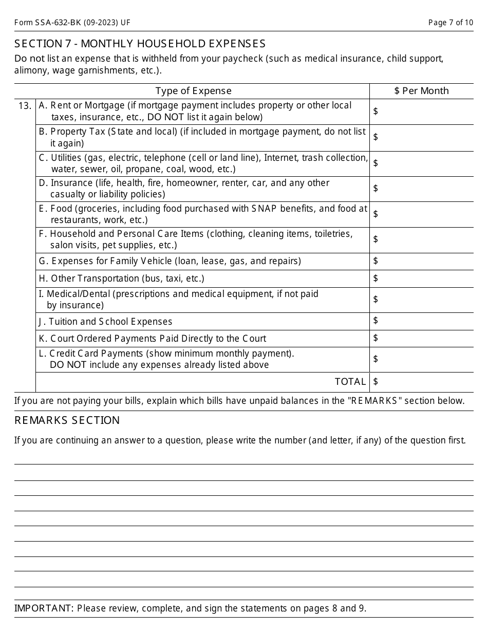 Form SSA-632-BK Request for Waiver of Overpayment Recovery, Page 7