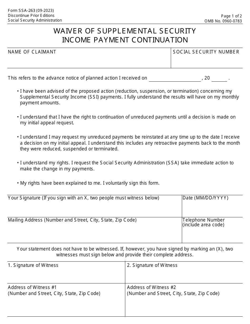 Form SSA-263 Waiver of Supplemental Security Income Payment Continuation, Page 1