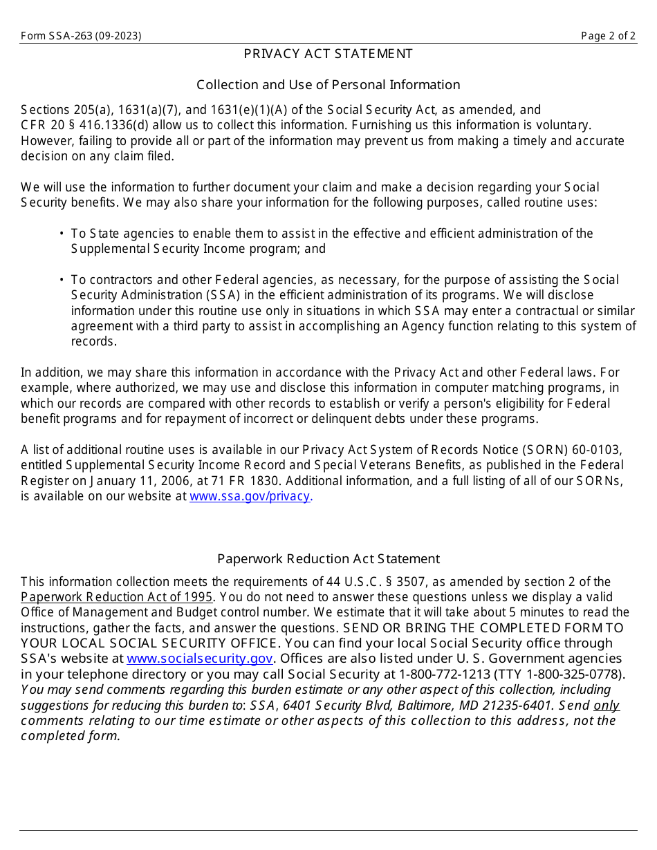 Form SSA-263 Waiver of Supplemental Security Income Payment Continuation, Page 2