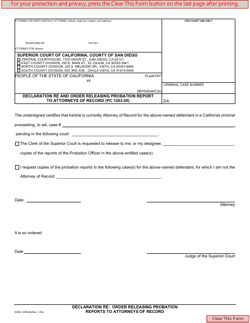 Form SDSC CRM-26 Declaration Re and Order Releasing Probation Report to Attorneys of Record (Pc 1203.05) - County of San Diego, California