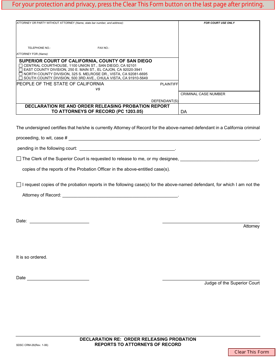 Form SDSC CRM-26 Declaration Re and Order Releasing Probation Report to Attorneys of Record (Pc 1203.05) - County of San Diego, California, Page 1