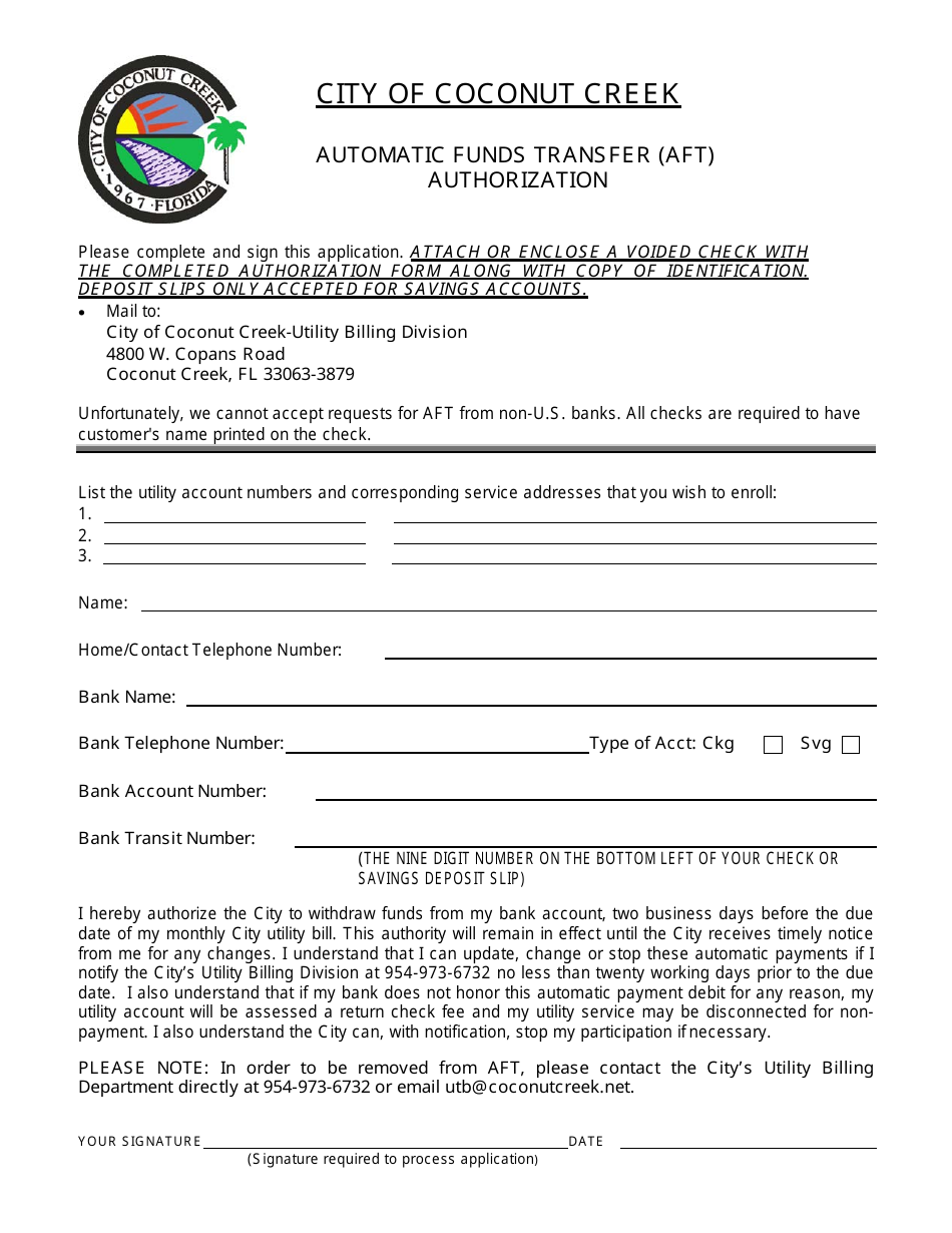 Automatic Funds Transfer (Aft) Authorization - City of Coconut Creek, Florida, Page 1