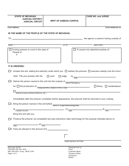 Form MC203 Writ of Habeas Corpus - Michigan