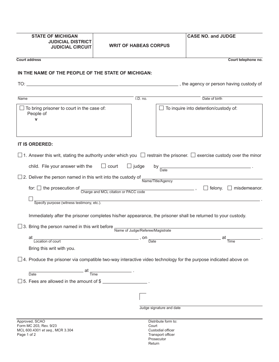 Form MC203 Writ of Habeas Corpus - Michigan, Page 1